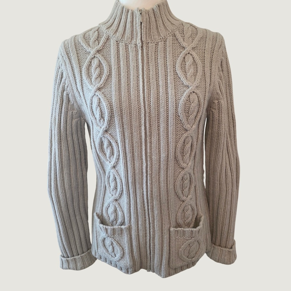 Jones New York Sweater Zip Cardigan Cable Knit Merino Wool Blend Gray Mock Neck